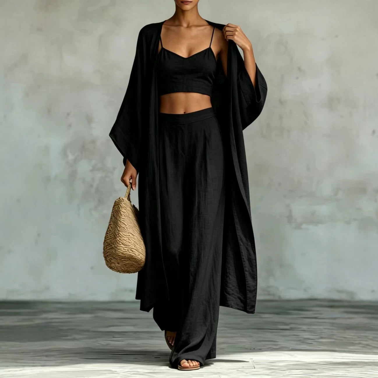 Loose cardigan short strap high waist wide leg pants set 