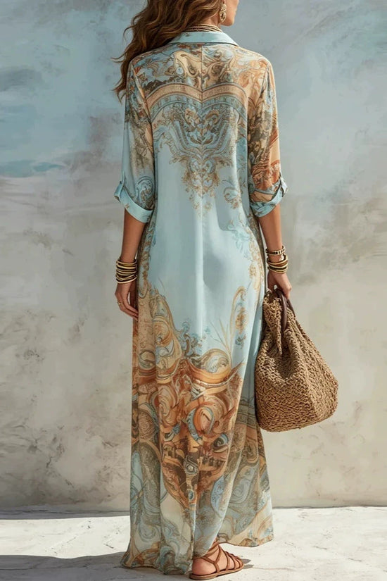 Blue Tone Printed Chiffon Turn-down Collar Split Resort Beach Dress 