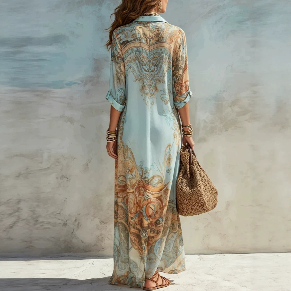 Blue Tone Printed Chiffon Turn-down Collar Split Resort Beach Dress 