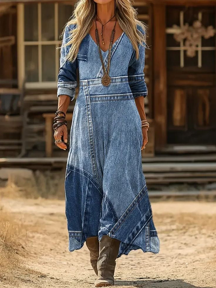 Personalized Retro Chic V-Neck Long-Sleeve Dress 