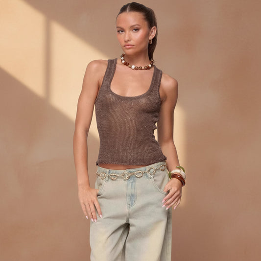 Shiny Deep V Solid Color Tank Top Fashionable Sexy Sheer Top 
