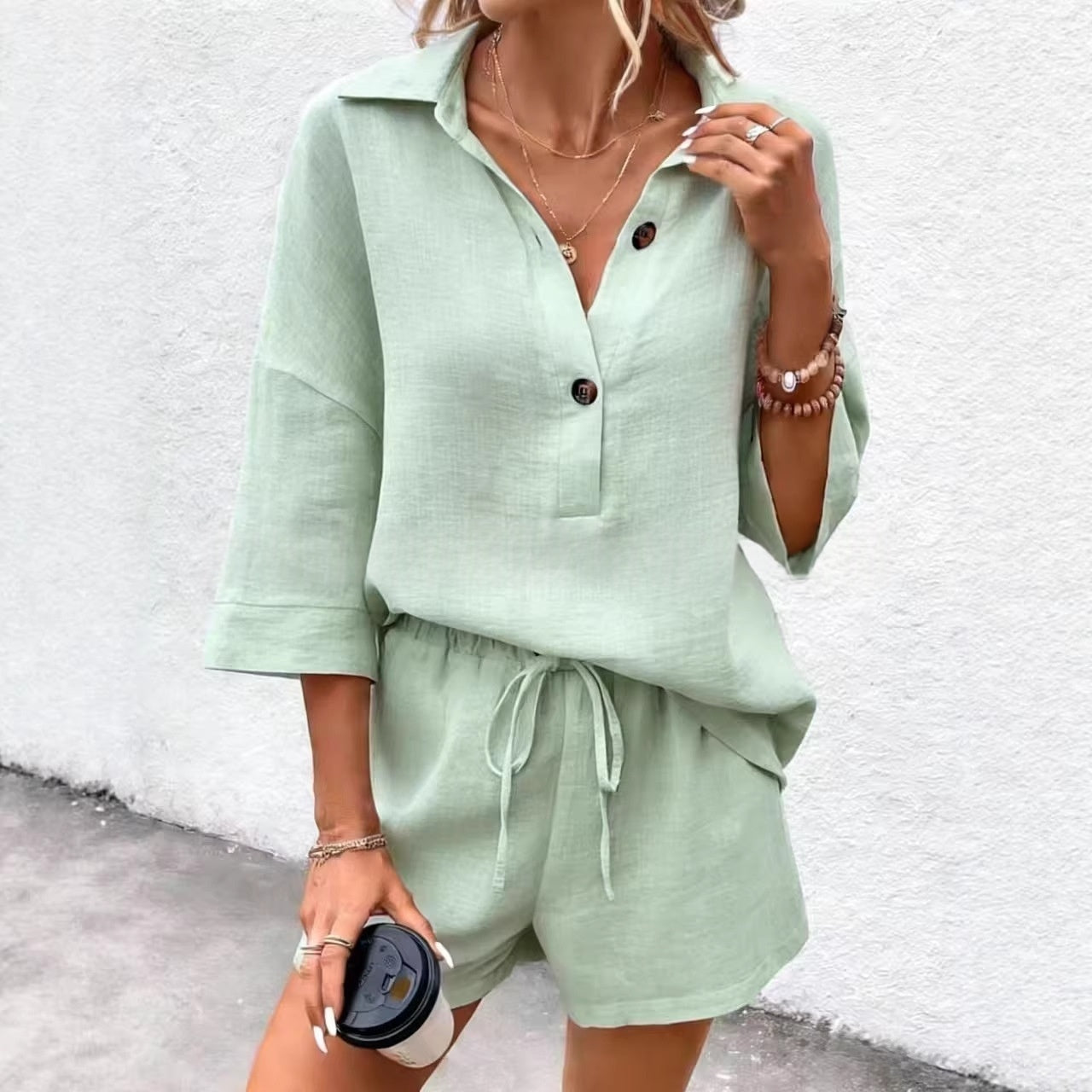 Notch-lapel Short-sleeve Belted Shorts Casual Set 