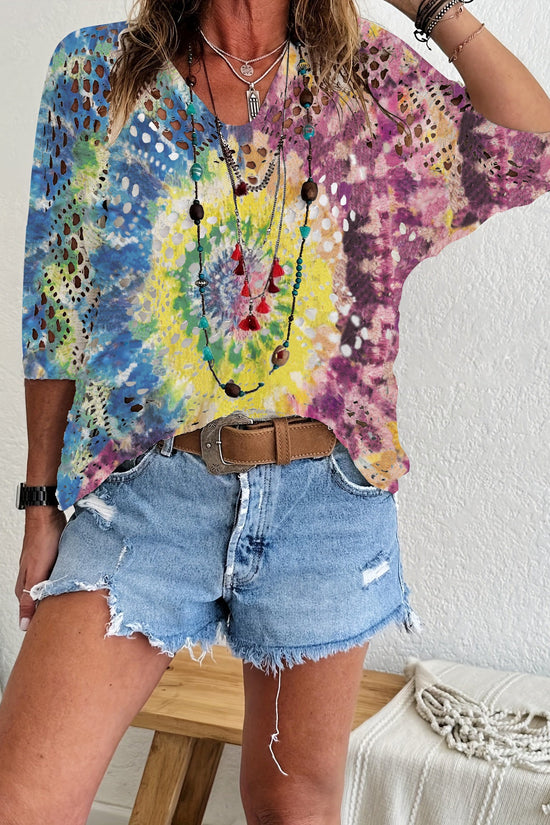 Womens Hollowed-Out Batwing-Sleeve Sweater With 3D Knitted Print 