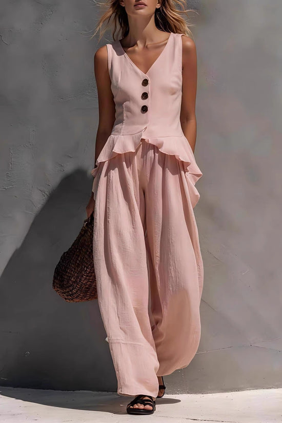 Sleeveless V-neck Ruffled Tank Top Draping Wide-leg Pants Two-piece Set 