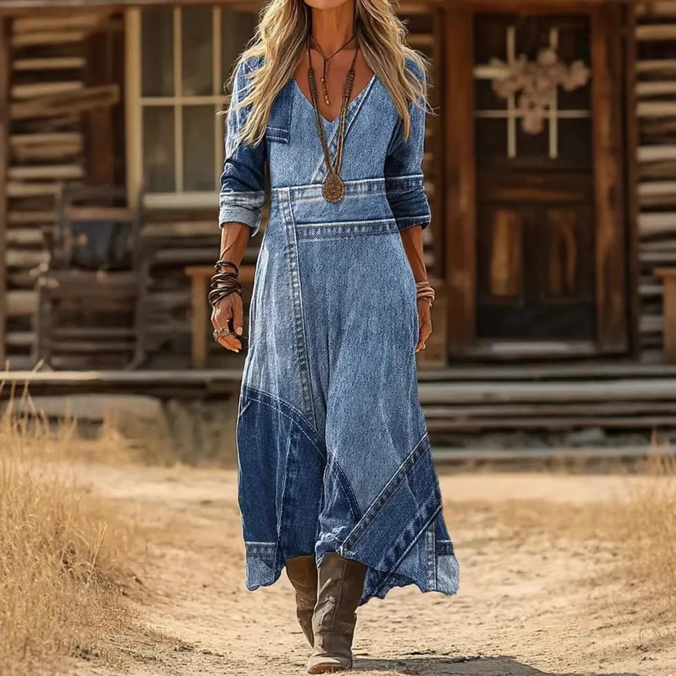 Personalized Retro Chic V-Neck Long-Sleeve Dress 