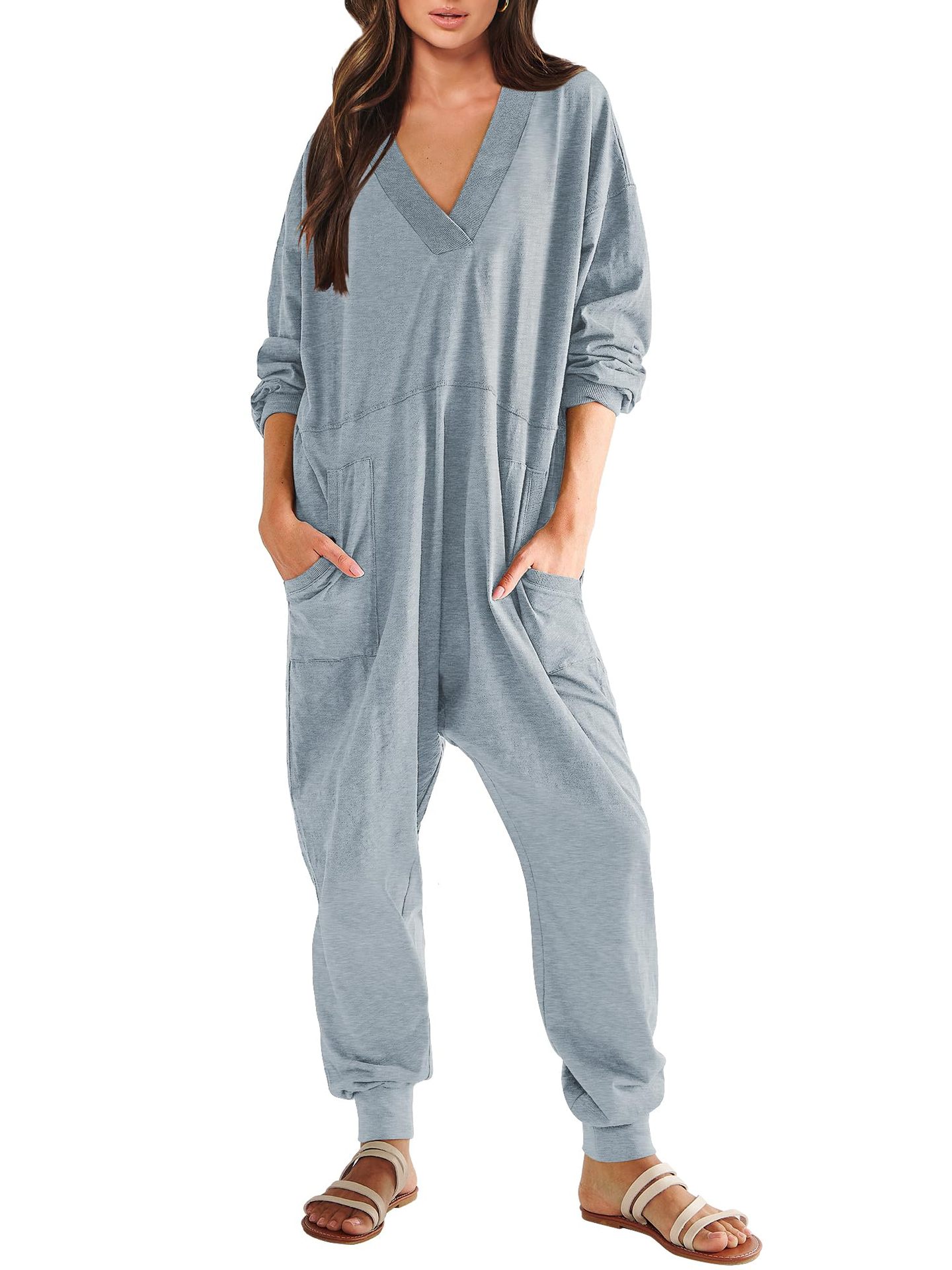 Women's V-neck Long Sleeve Solid Color Loose Jumpsuit With Two Side Pockets 