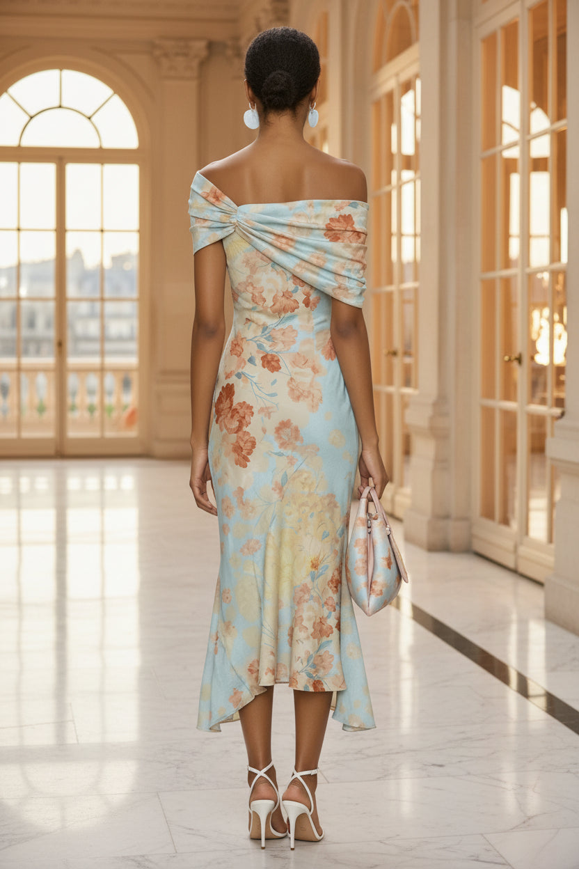 Digital Print Off-Shoulder Short Sleeve Floral Elegant Long Dress 