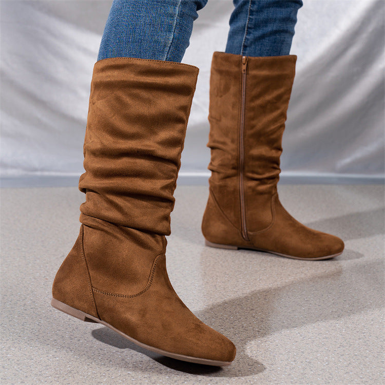 Casual Versatile Durable Comfortable Mid-Calf Boots Lightweight Pleated Side Zip Women's Leather Boots Flat Summer Boots 