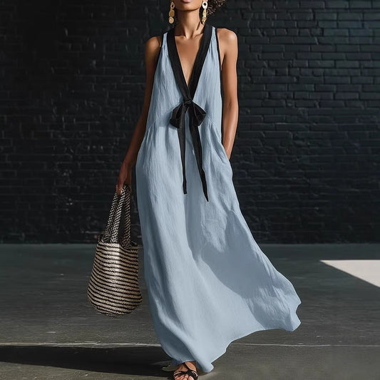 V-neck Strapless Sleeveless Resort-Style Long Simple Elegant Dress 