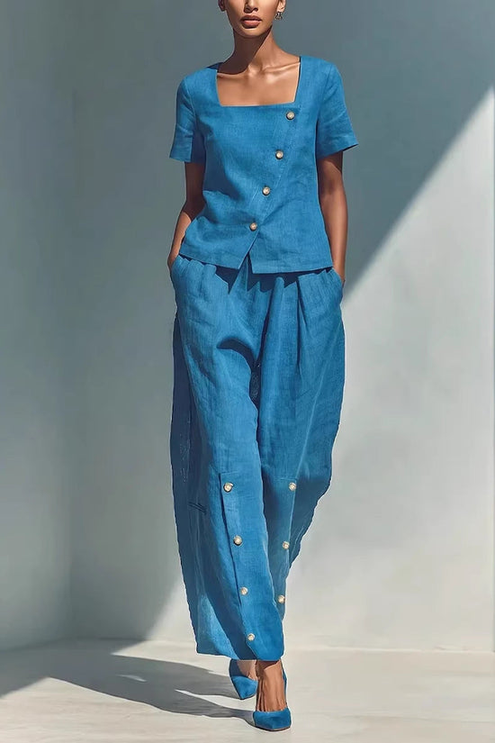 Womens Loose Short-Sleeve Top And High-Waist Pants Two-Piece Set 