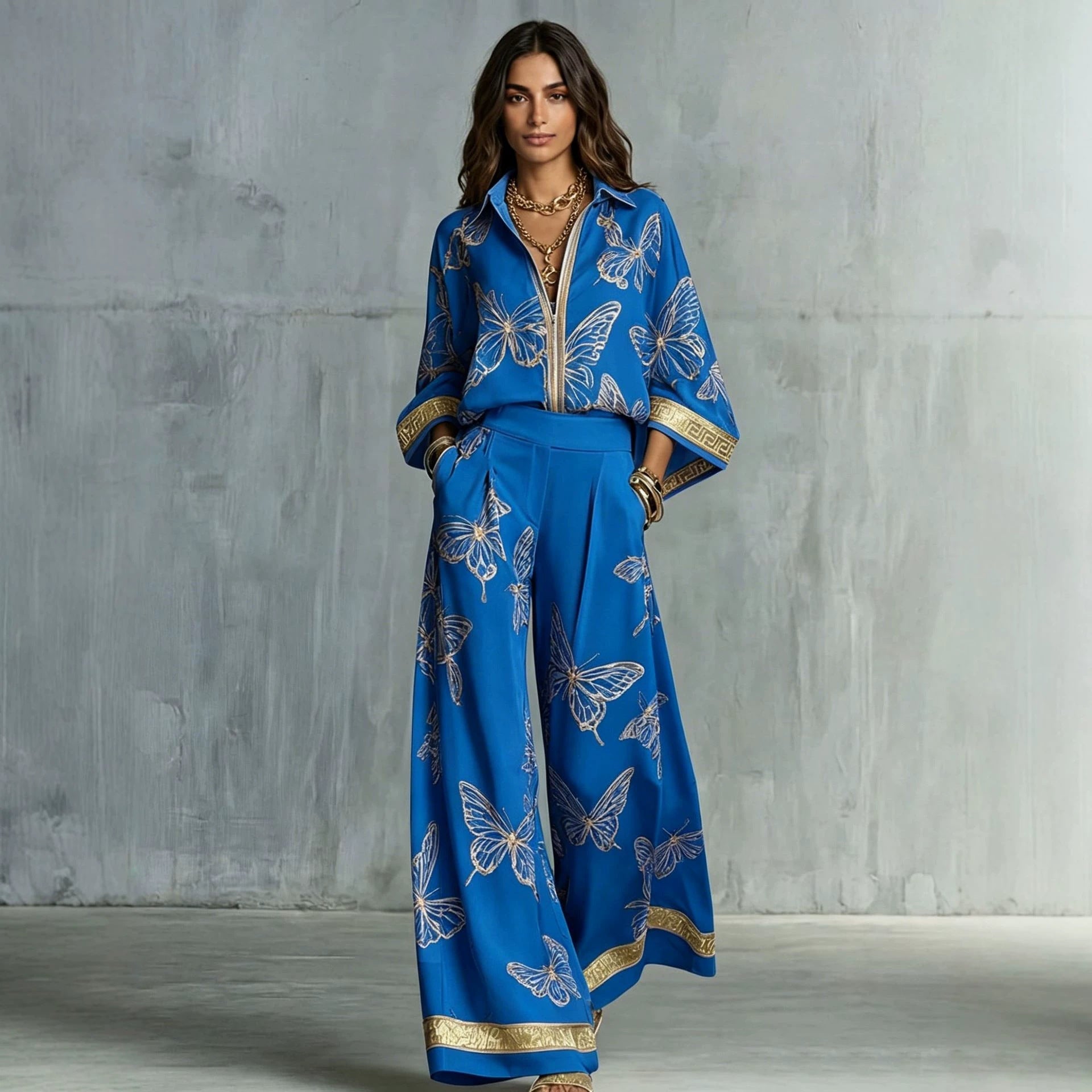 Style Women's Retro Printed Sexy Deep V Neck Loose Zipper Top with Wide Leg Pants Two-Piece Set 