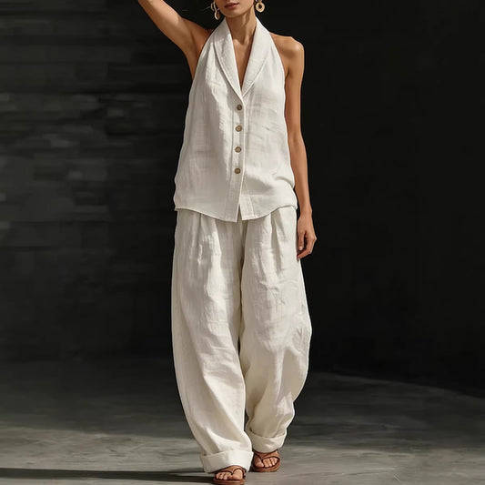 Wide-leg Pants Suit Womens Cotton-linen Fashionable Two-piece Set 