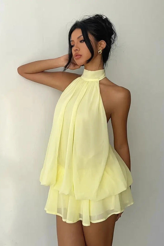 Women's vacation fitted sexy backless halter neck tie-waist dress with puffy short skirt 