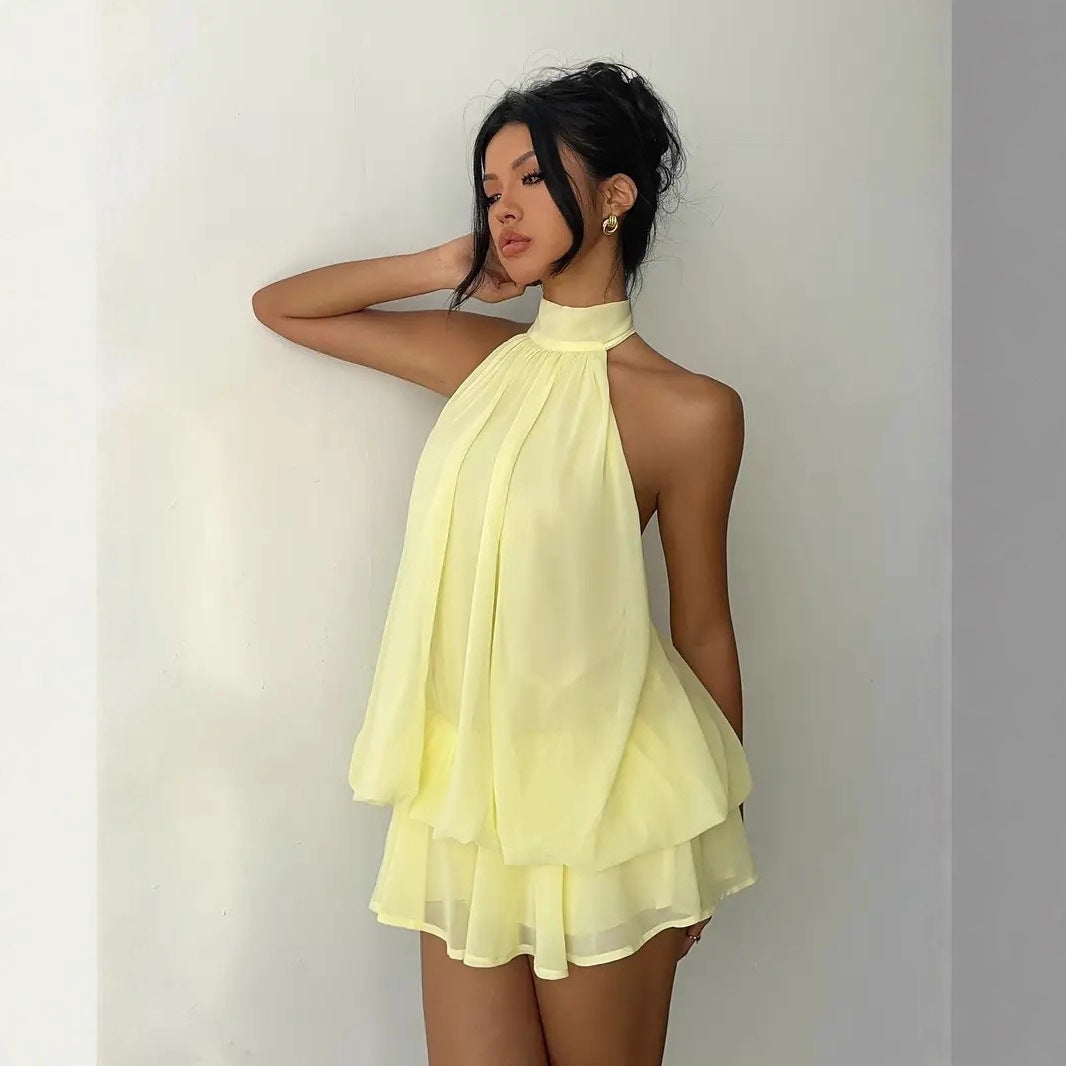 Women's vacation fitted sexy backless halter neck tie-waist dress with puffy short skirt 