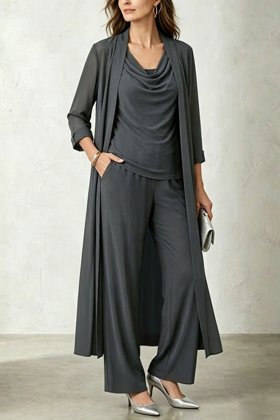 Long sleeved swing collar top long cardigan jacket long pants three piece set 