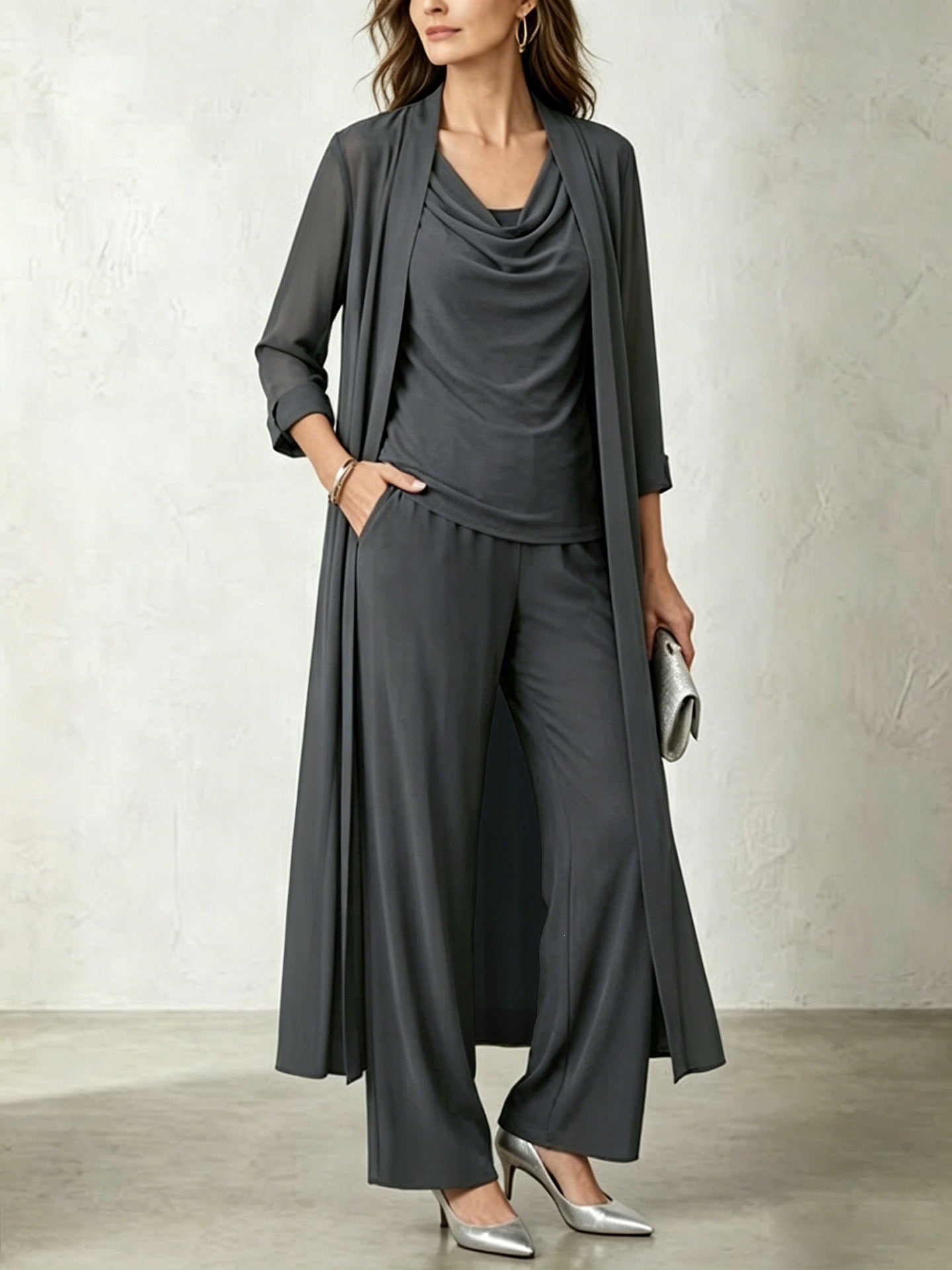 Long sleeved swing collar top long cardigan jacket long pants three piece set 