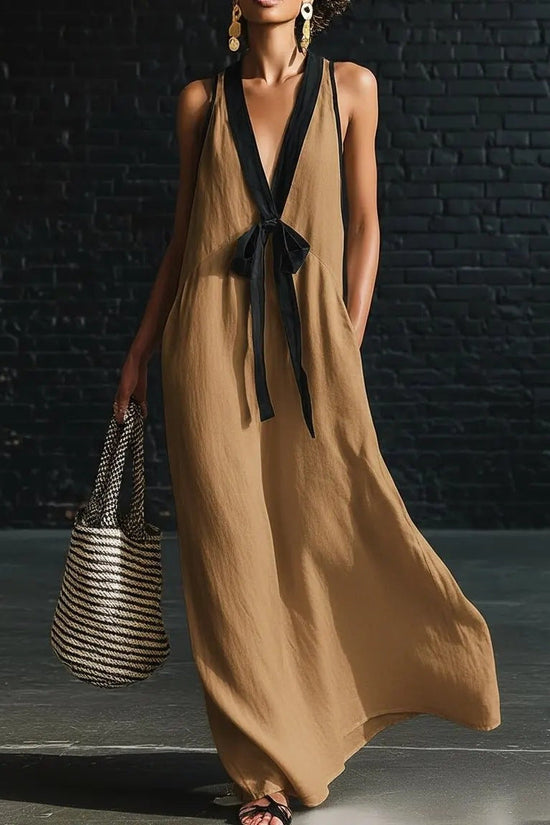 V-neck Strapless Sleeveless Resort-Style Long Simple Elegant Dress 