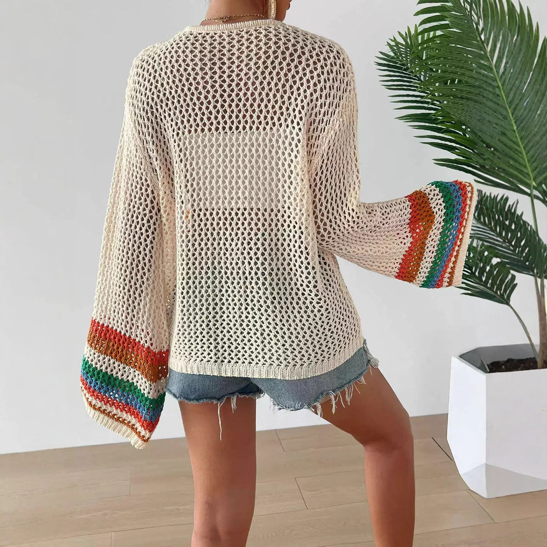 Hand-crocheted Floral Sweater With Random Color Blocks 