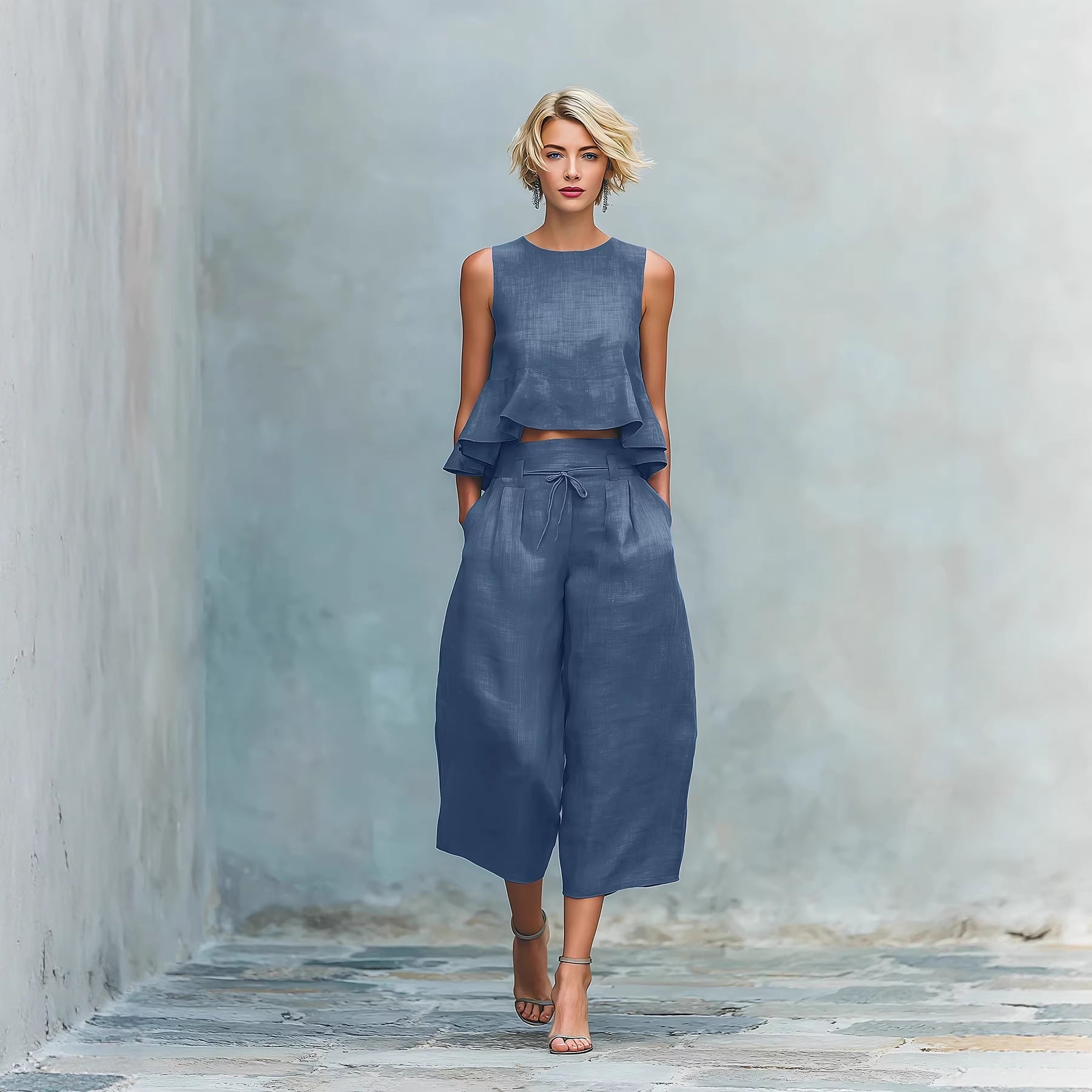 Womens Linen-blend Two-piece Set With Ruffled Detailing 