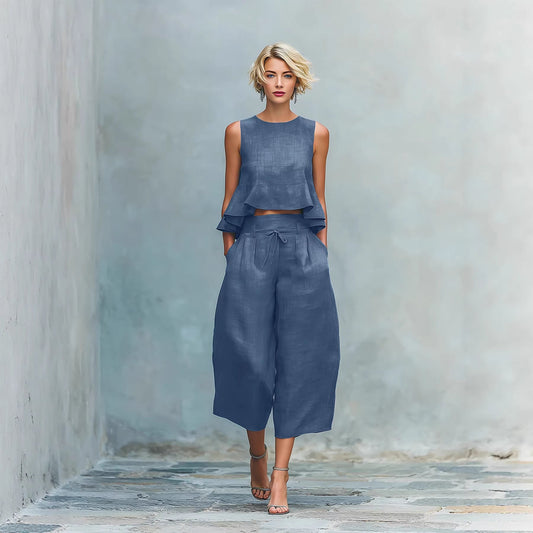 Womens Linen-blend Two-piece Set With Ruffled Detailing 