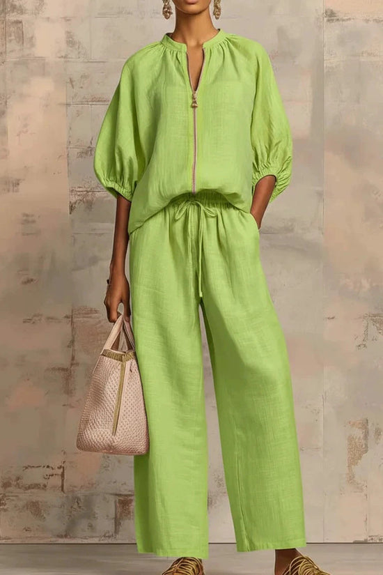 Summer Women's Casual Loose Solid Color Zipper Round Neck Wide Leg Pants Set 