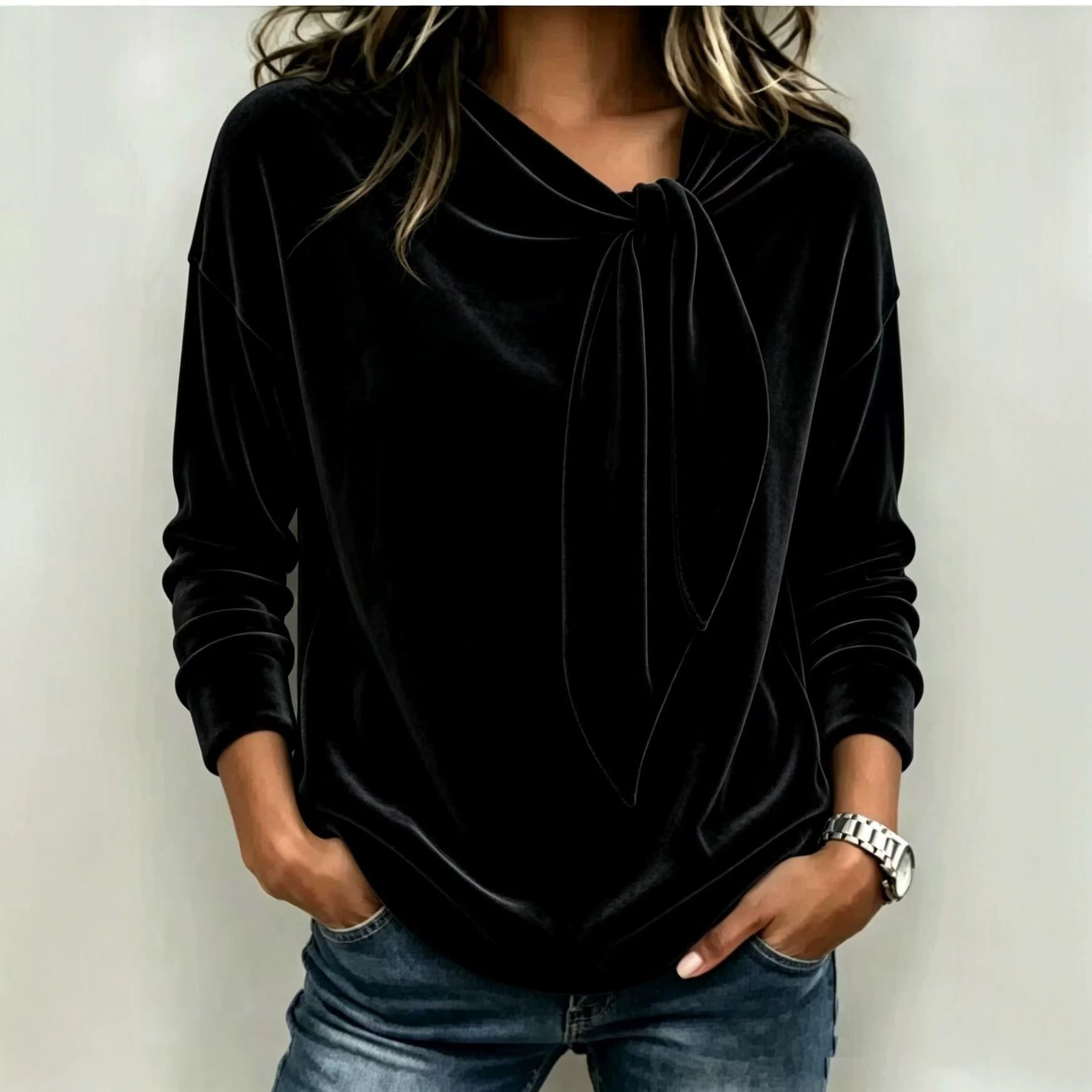 Solid color long sleeved bow top 