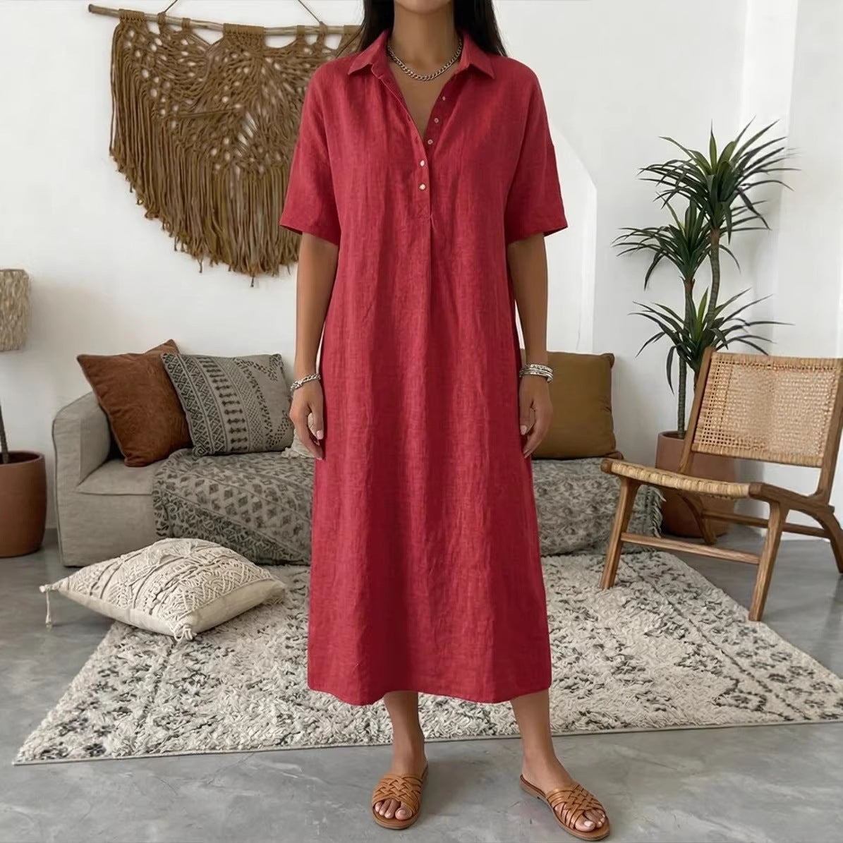 Casual Straight Fit Comfortable Linen Short Sleeve Polo Neck Dress for Women 