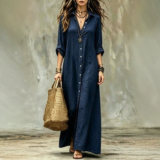 Shirt-collar Floor-length Casual Simple Long Dress 