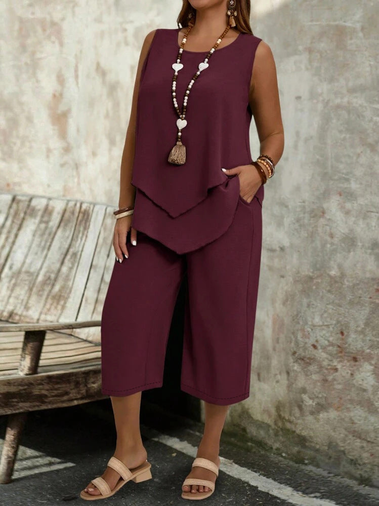 Casual Solid-Colored Sleeveless Top And Cropped Pants Two-Piece Set 