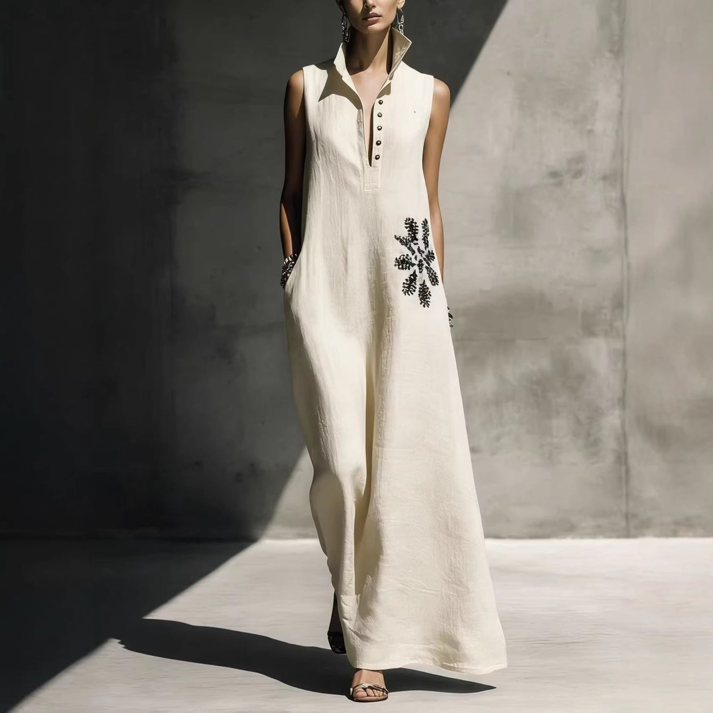 Heat-transfer Graphic Pocket Casual Mandarin-collar Cotton-linen Dress 