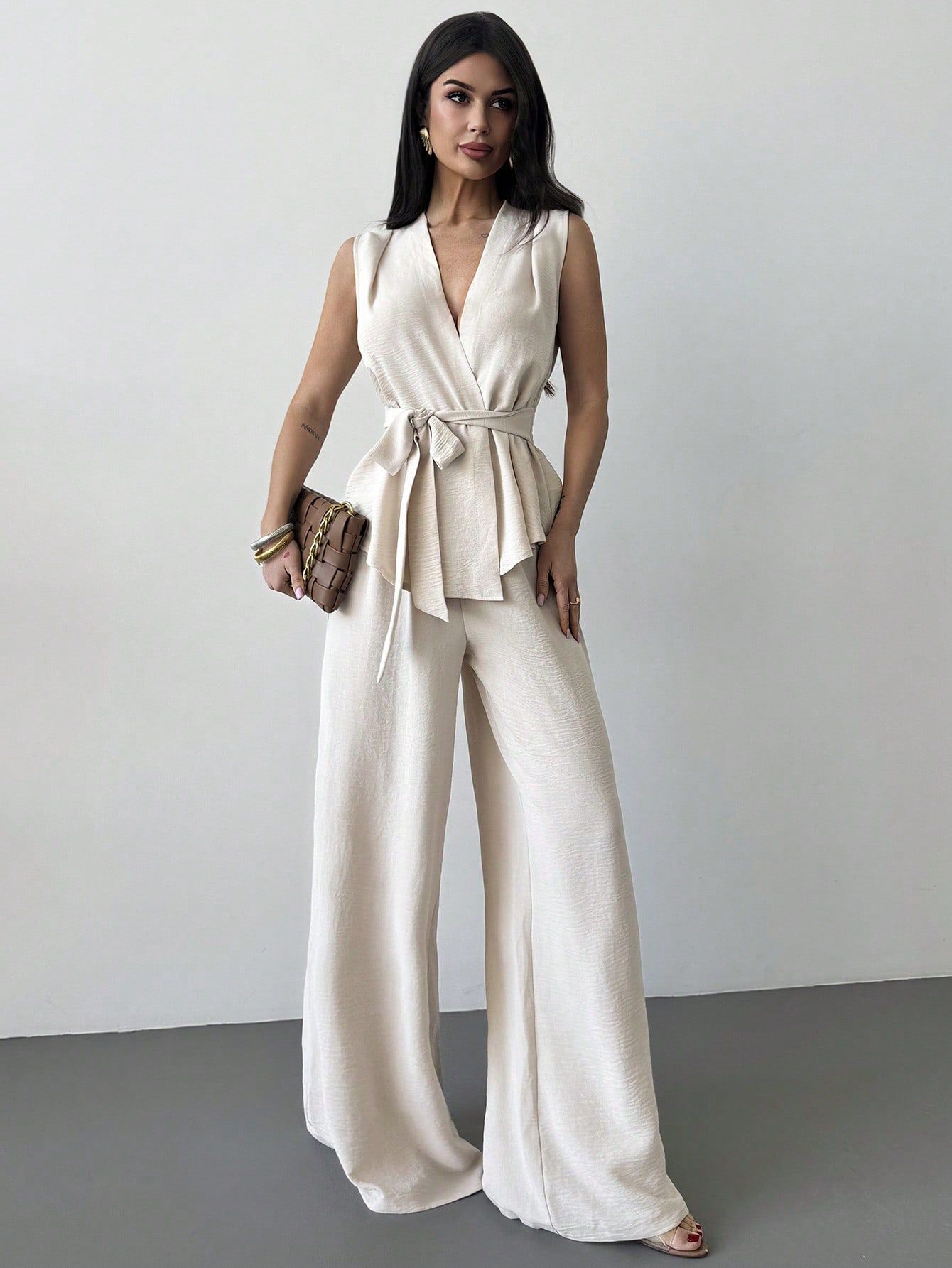 Lace-up V-neck Vest Top And Pants Two-piece Set 