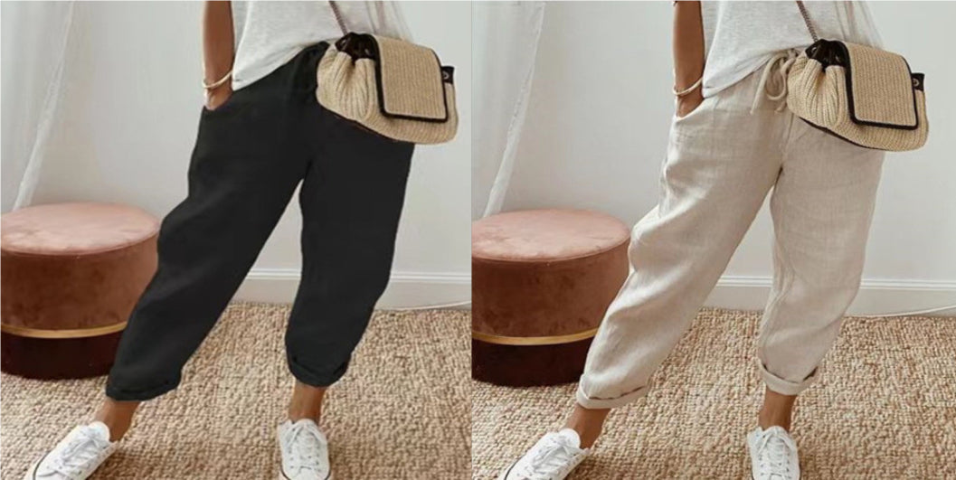 Women's Fashion Cotton Linen Solid Color Casual Pants 