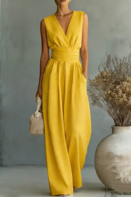 Womens Elegant Sleeveless Waist-Cinching V-Neck Sophisticated Jumpsuit 