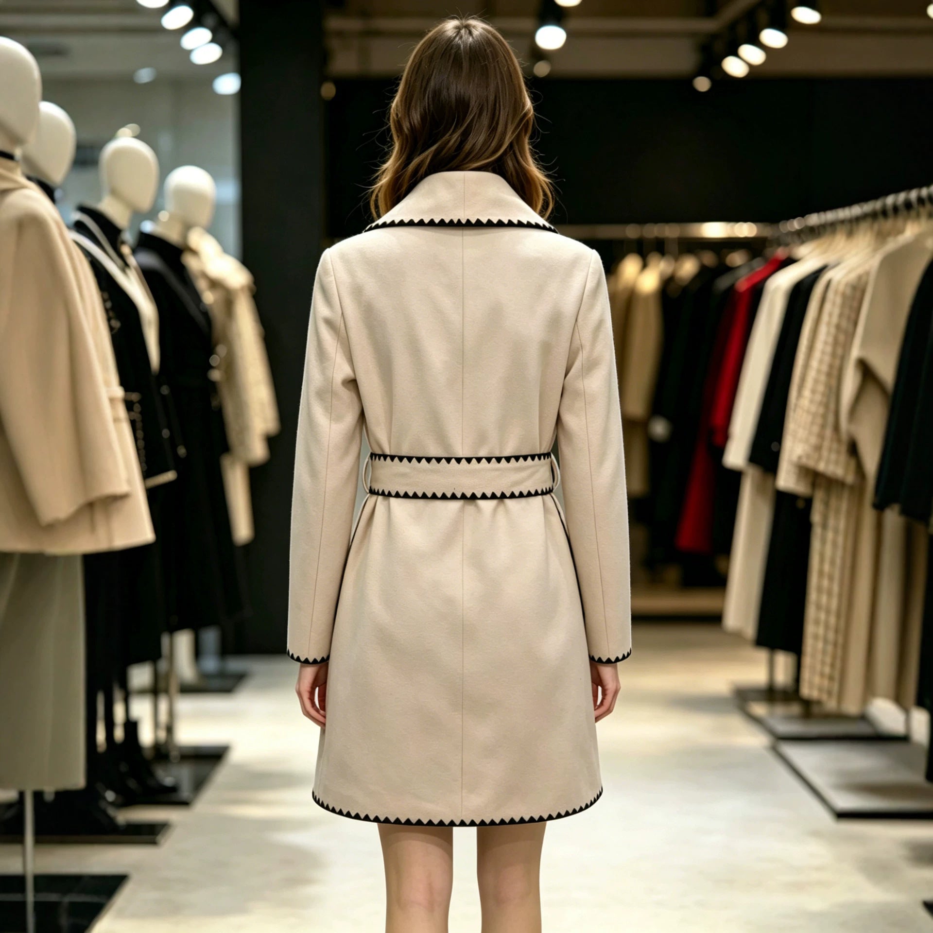 Autumn/Winter New French Elegant Style Notched Lapel Color-blocked Zigzag Edge Wool Coat Fashion Versatile Chic Outerwear 