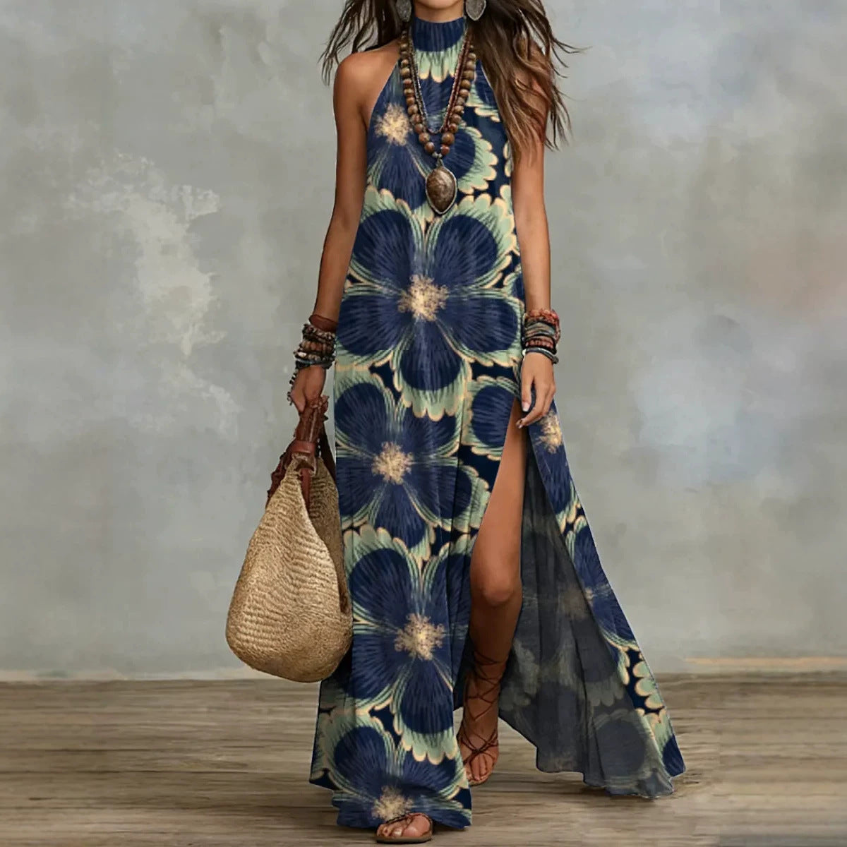 Split Sleeveless Multicolored Printed Maxi Dress 
