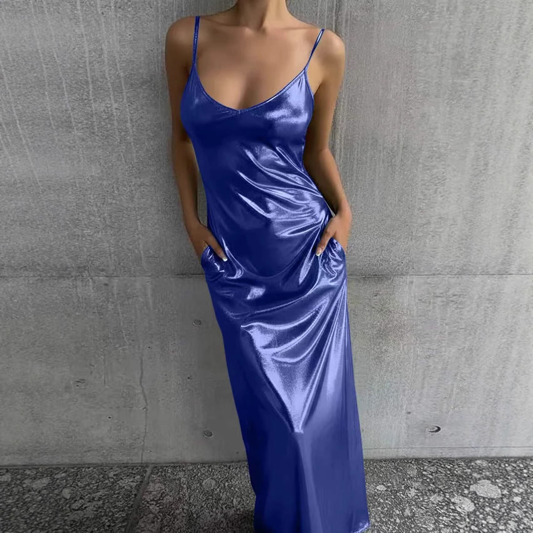 Textured Mirror-Finish Pocket Solid-Color Slip Dress With U-Neck For Women 