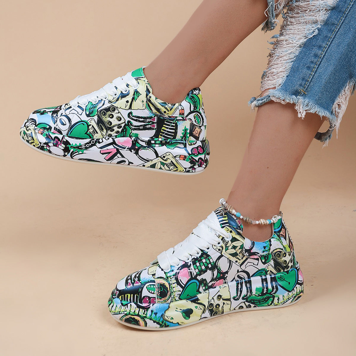Round-Toe Thick-Sole Lace-Up Sneakers — Women’s Casual Print Shoes 