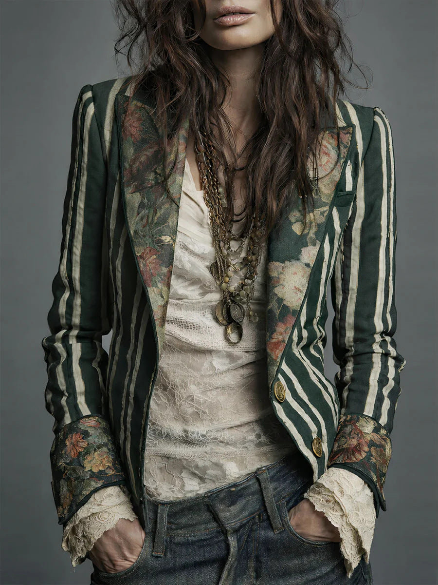Women's Bohemian Color-Block Striped Blazer 