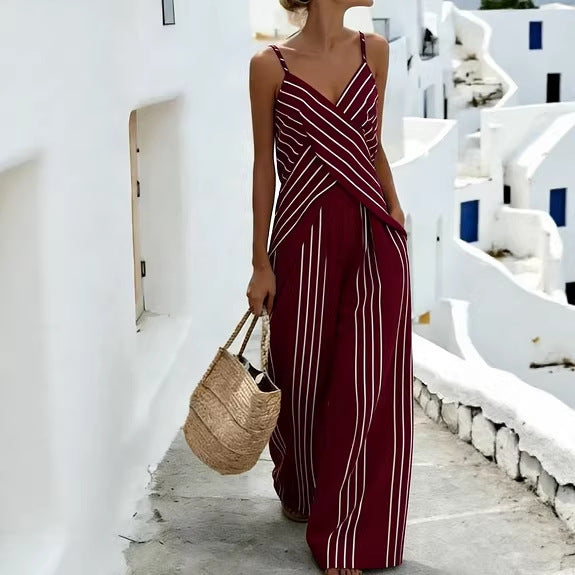 Striped Casual Womens V-Neck Sleeveless Set 