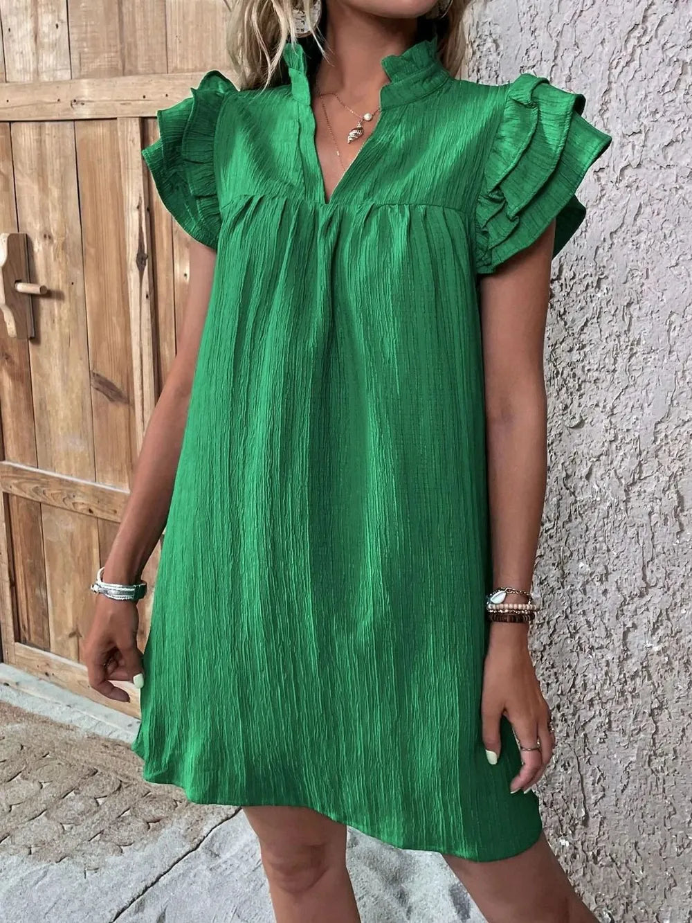 Ruffled Notched Cap Sleeve Mini Dress 