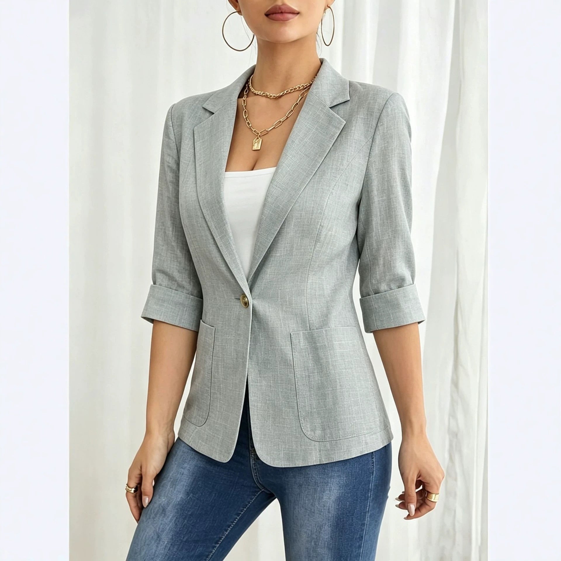 Solid color pocket small suit jacket women's button up top 