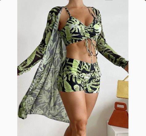 Fashionable Sexy Mesh Cover-Up with Leg-Length Briefs Three-Piece Swimwear Set for Women 