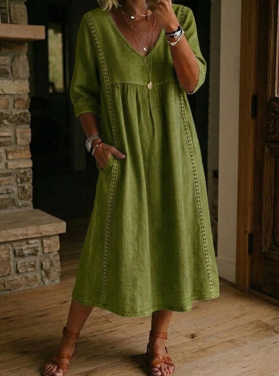 Casual Loose V-Neck Lace Trim Linen Cotton Dress 