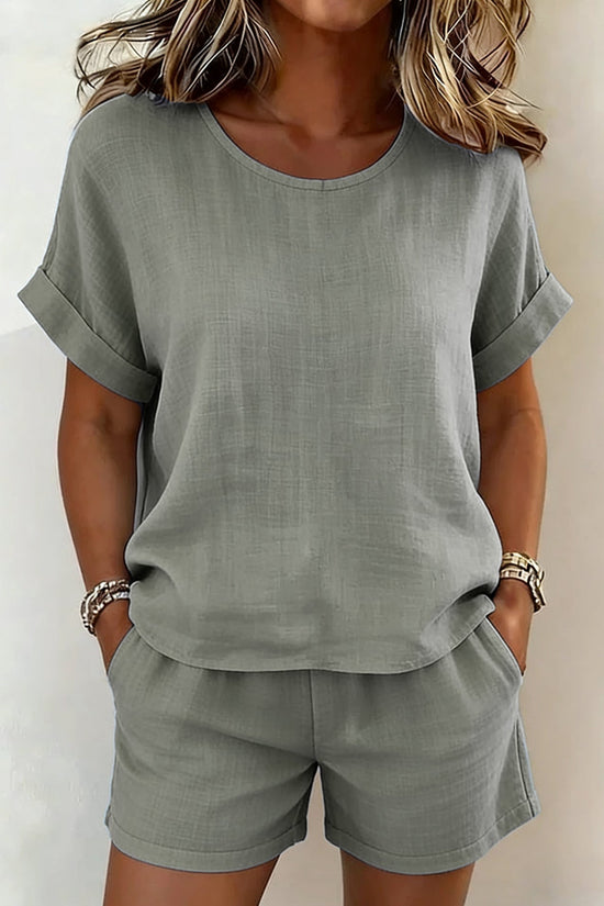 Solid-color Casual Round-neck Short-sleeve Shorts Two-piece Set 