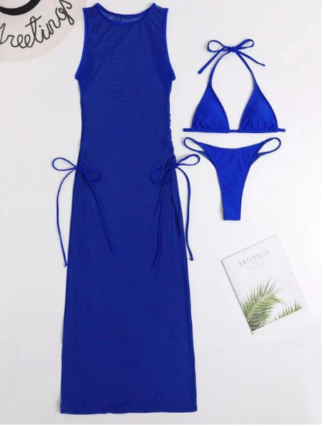 Bikini Swimwear Set, Solid Color Long Dress, Sexy Three-Piece Separated Swimsuit for Women 