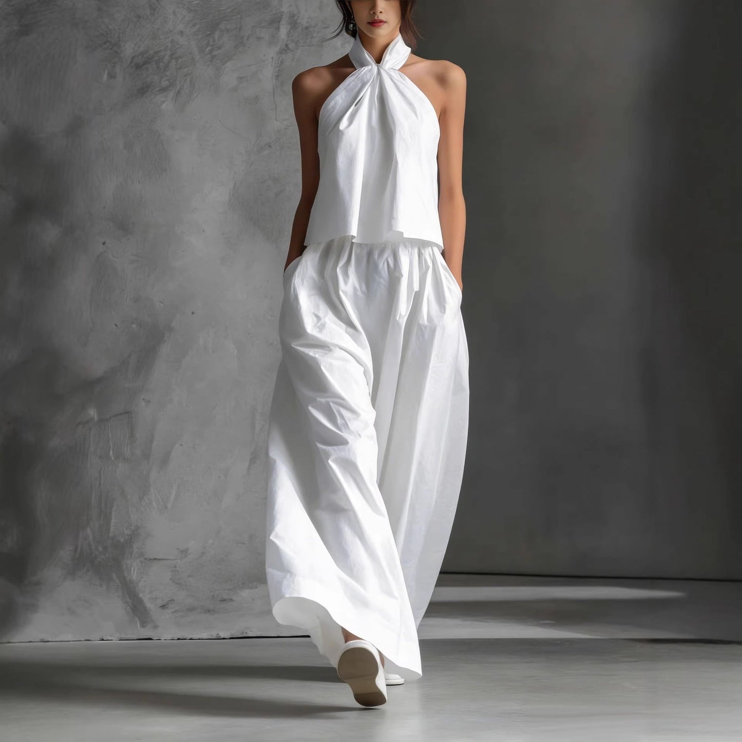 Loose Sleeveless Top High-Waisted Wide-Leg Pants Two-Piece Set for Women 
