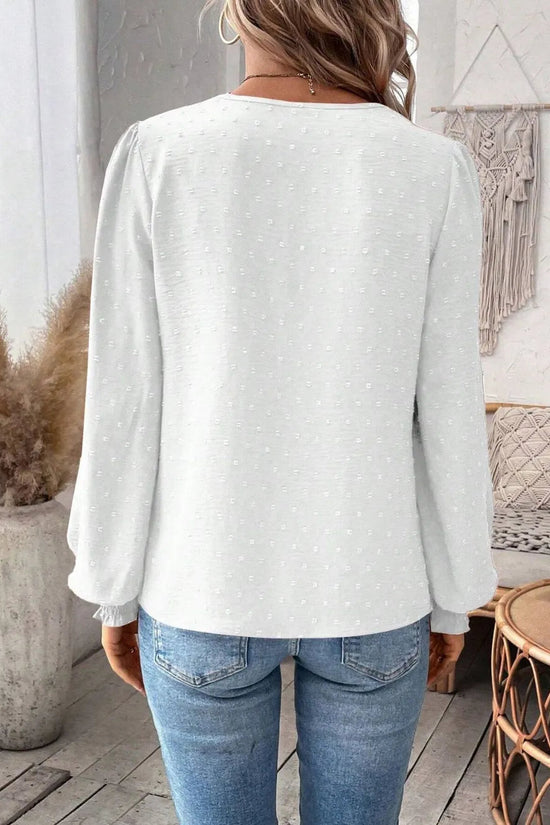 Swiss Dot Lace Detail Notched Long Sleeve Blouse 