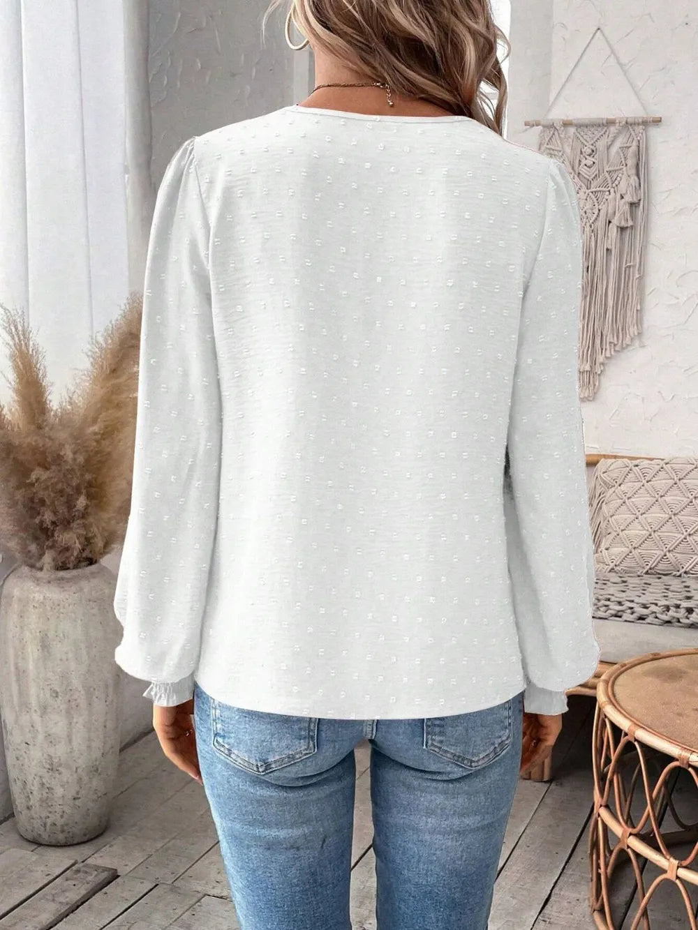 Swiss Dot Lace Detail Notched Long Sleeve Blouse 