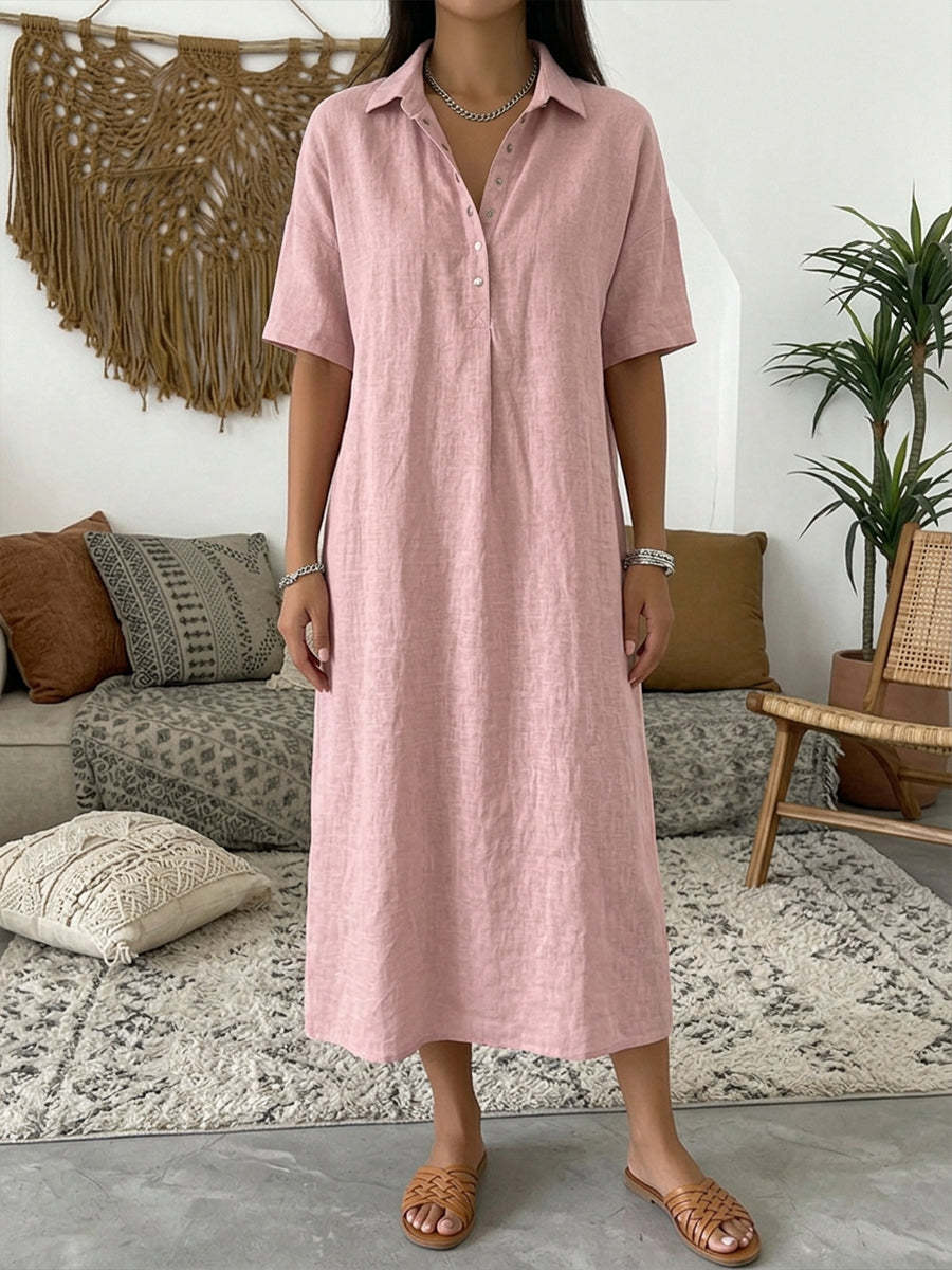 Casual Straight Fit Comfortable Linen Short Sleeve Polo Neck Dress for Women 