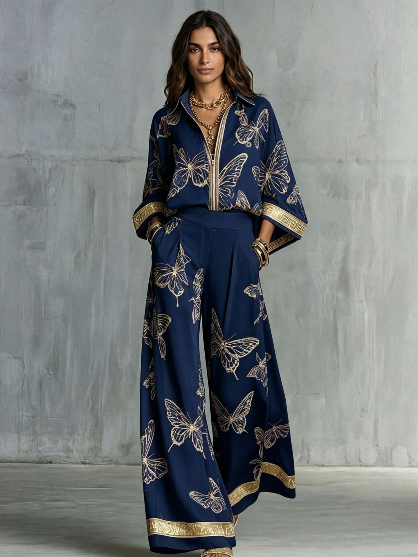 Style Women's Retro Printed Sexy Deep V Neck Loose Zipper Top with Wide Leg Pants Two-Piece Set 